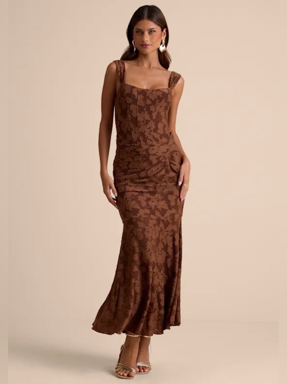Celeste Brown Floral Burnout Bustier Maxi Dress Lulus medium